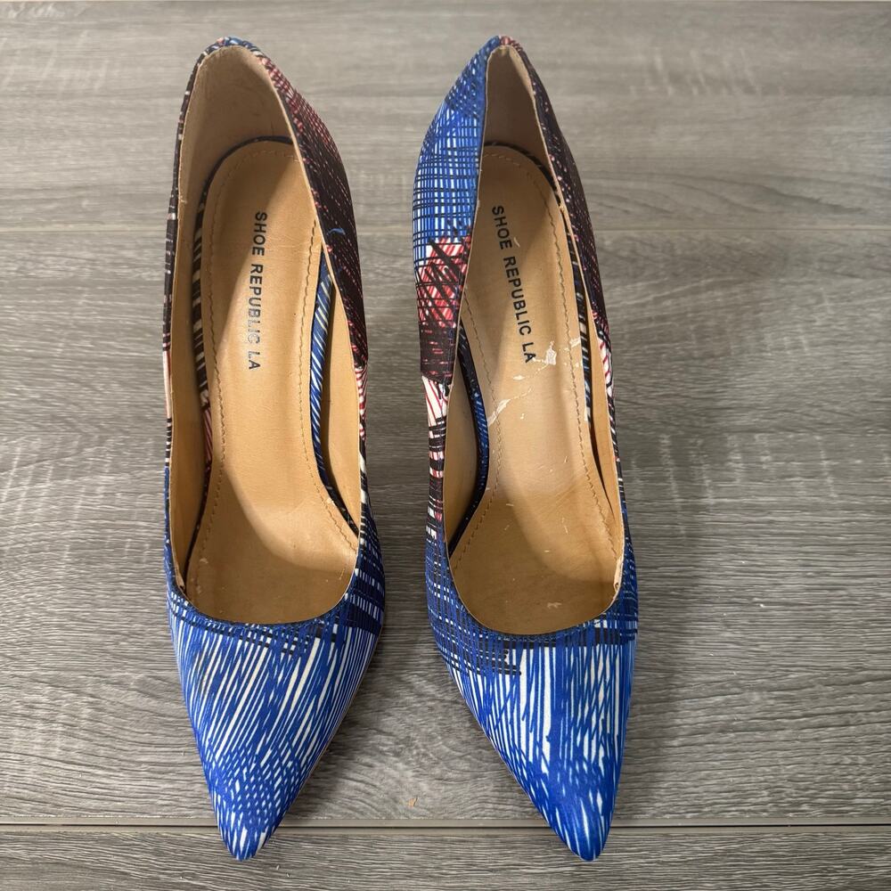 Shoe Republic LA Pointed Toe Pumps Blue Red Print Stiletto Heels Approx 9.5